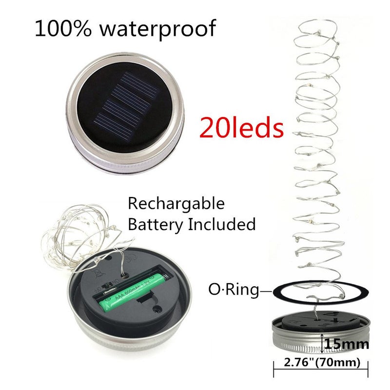 CHBJDAN 6-Pack Solar-powered Mason Jar Lights 20 LEDs (6 Hanger Included / No Jar),Warm White Glass Waterproof Fairy Hanging Lighting,Outdoor String Lids for Regular Mouth Jars for Patio Lamp Decor - Image 2